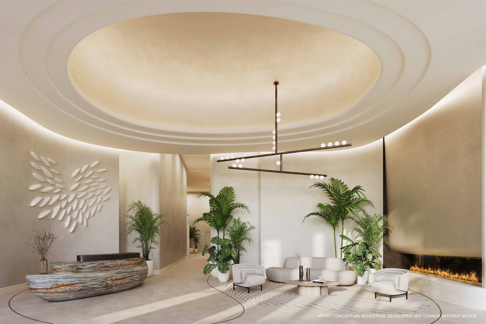 24-hour attended grand lobby with custom sculptures